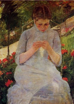 Young Woman Sewing in a Garden mothers children Mary Cassatt Oil Paintings